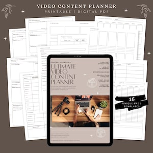 May include: A digital video content planner with 16 unique page templates. The planner includes sections for script planning, storyboarding, and content calendars. The image shows a tablet displaying the planner, along with printed worksheets.