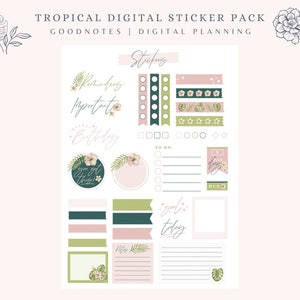 Könnte beinhalten: Ein digitales Sticker-Paket für Goodnotes mit tropischem Thema. Die Sticker sind in den Farben Pink und Grün gehalten und zeigen florale Designs sowie Text wie "Erinnerungen", "Wichtig", "Happy Birthday", "Du schaffst das", "To Do", "Ziel heute" und "Notizen".
