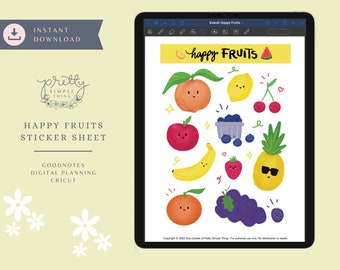 Kawaii Glücklich Früchte Sticker Bogen für GoodNotes | Digitale Planung | Transparent vorgestanzt