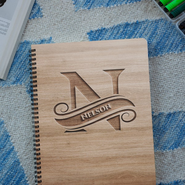 Ribbon Style Personalized Wood Cover Notebook | Ribbon Style Personalized Sketchbook | Custom Engraved Notebook