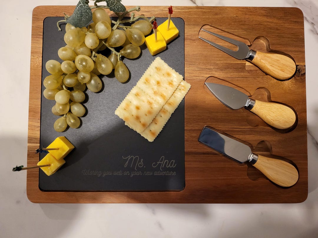Custom Acacia Wood & Slate Cheese Board Set | Personalized Charcuterie ...