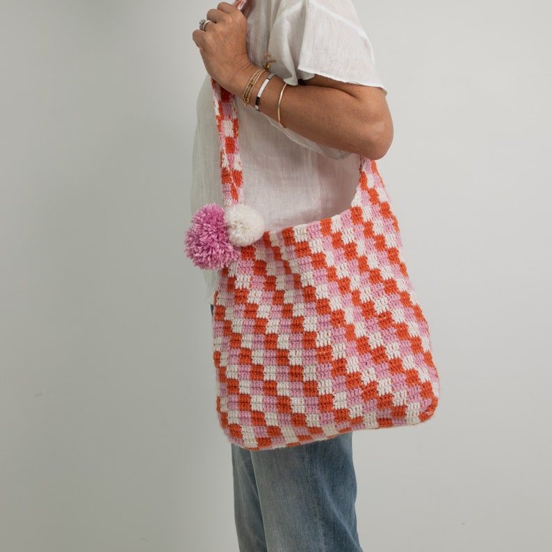 Pink and Orange Crochet Bag with PomPoms, Crochet shoulder bag, pink and orange summer bag, boho tote, checkered print bag, pink check bag image 1