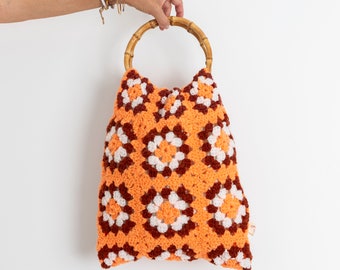 bamboo handled crochet bag, crochet bag, retro bag, free shipping, up-cycled crochet rug,  repurposed crochet, orange crochet, boho bag,