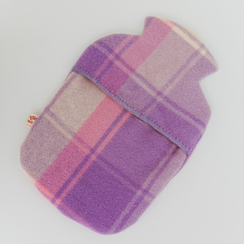 Woollen Hot Water Bottle Cover, Onkarparinga upcycled woollen blanket. Many colours available. This one is purple, pink and cream.