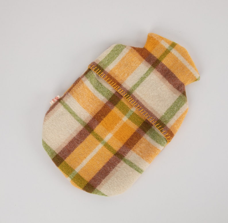 Woollen Hot Water Bottle Cover, Onkarparinga upcycled woollen blanket. Many colours available. This one is mustard, brown and green.
