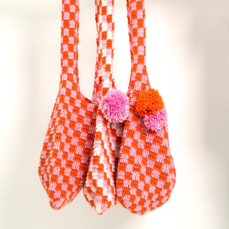 Pink and Orange Crochet Bag with PomPoms, Crochet shoulder bag, pink and orange summer bag, boho tote, checkered print bag, pink check bag image 5