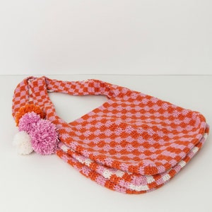 Pink and Orange Crochet Bag with PomPoms, Crochet shoulder bag, pink and orange summer bag, boho tote, checkered print bag, pink check bag image 10