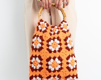 bamboo handled crochet bag, crochet bag, retro bag,