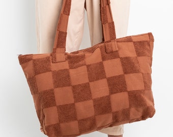 towelling bag, shoulder bag, terry towelling bag, towelling beach bag, summer beach bag, brown terry towelling,  brown checkerboard bag,