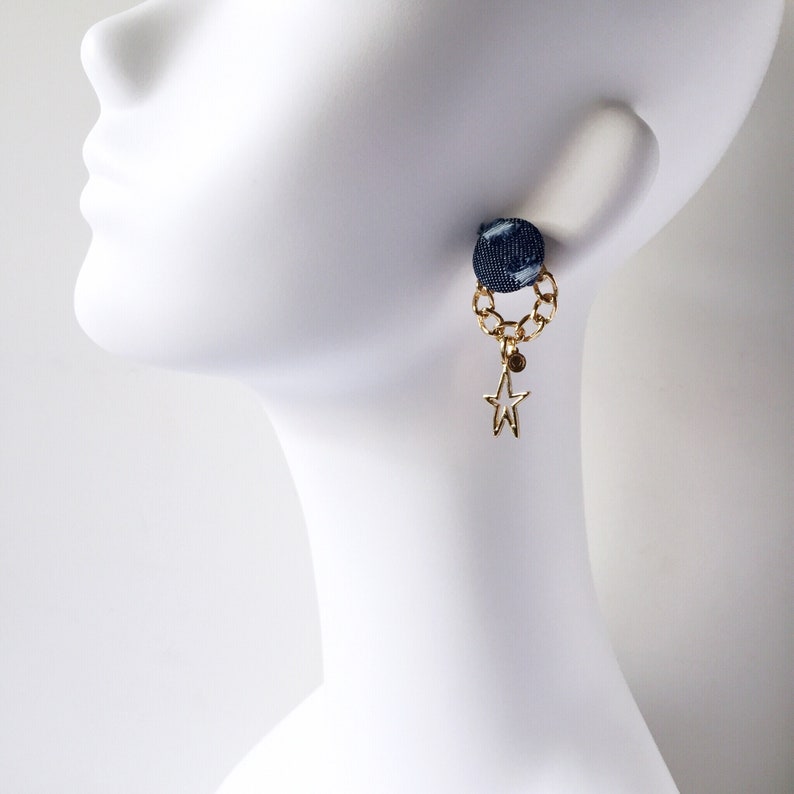 Denim Earrings,Jean Earrings with Removable Chain Charms One Star Charm,Coin Earrings,Denim Fabric button,Boho,Hypoallergenic Earrings