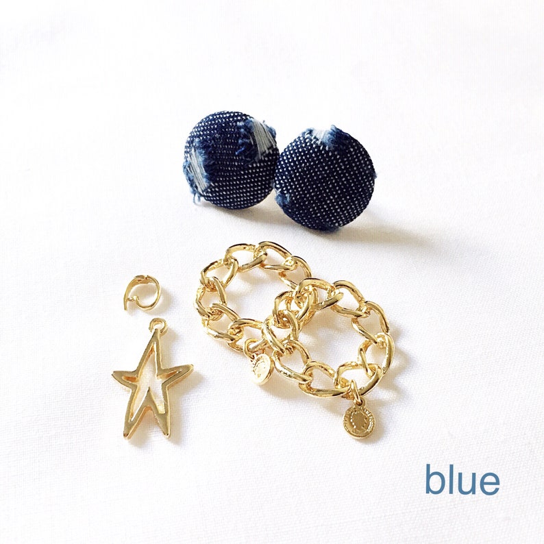 Denim Earrings,Jean Earrings with Removable Chain Charms One Star Charm,Coin Earrings,Denim Fabric button,Boho,Hypoallergenic Earrings