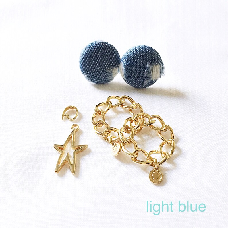 Denim Earrings,Jean Earrings with Removable Chain Charms One Star Charm,Coin Earrings,Denim Fabric button,Boho,Hypoallergenic Earrings