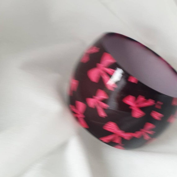 Vintage Black Enamel Pink Bow bangle, Wide Black … - image 7