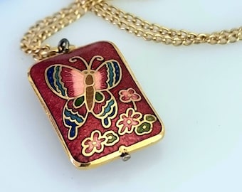 Vintage Cloisonne Puffed Necklace, Chinese Red Cloisonne Butterfly Pendant Necklace