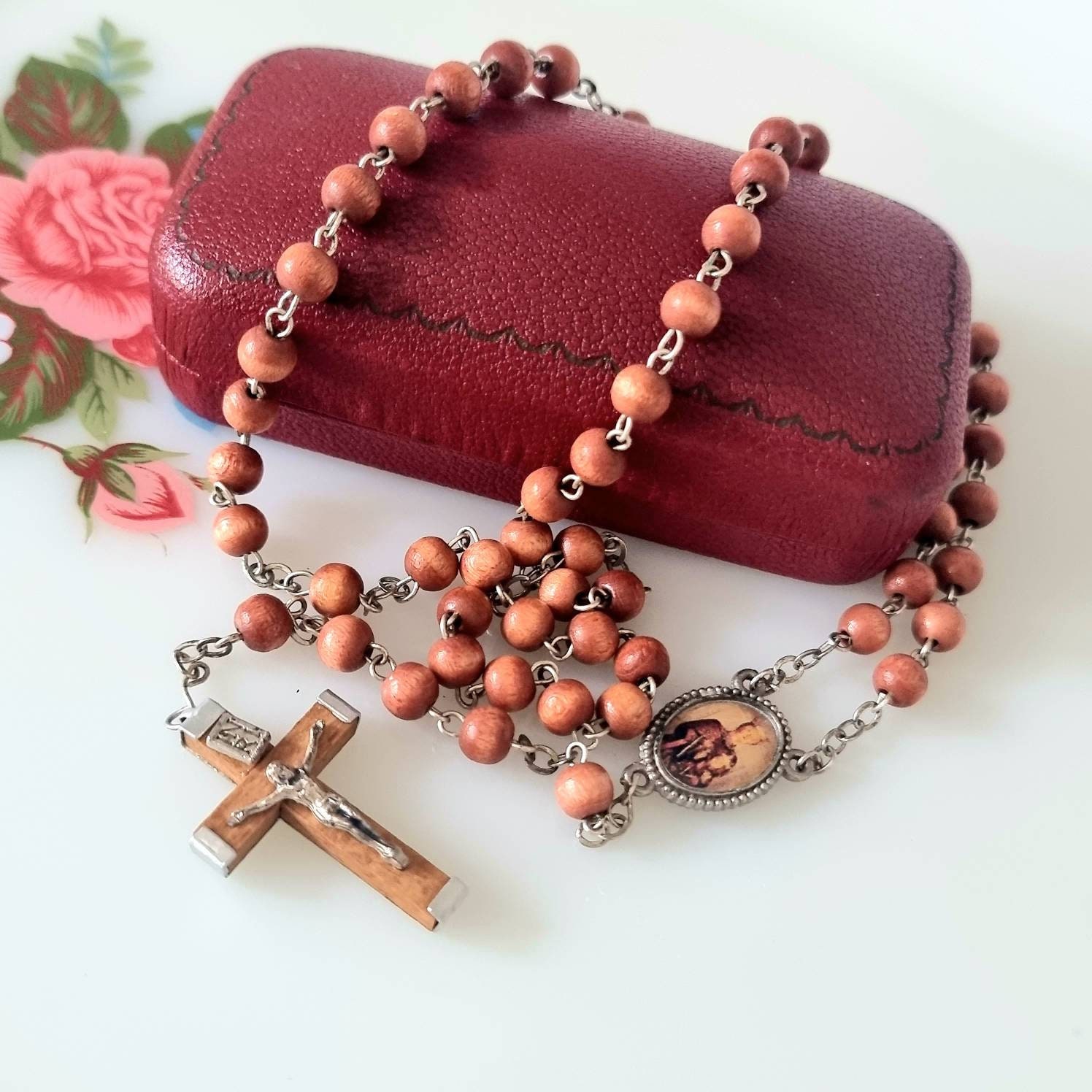Vintage Rosenkranz Perlen Halskette, Braune Lüster Perlen Gebetskette,  katholischer Rosenkranz Kreuz Halskette -  Österreich