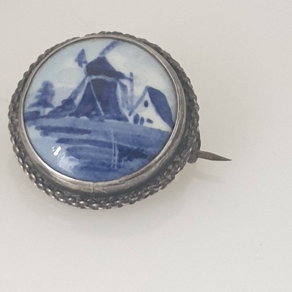 Antique Blue Delft Silver Brooch, Hand Painted Bl… - image 6