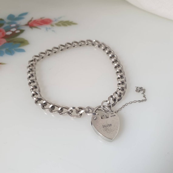 Vintage Sterling Silver Heart Padlock Bracelet 198