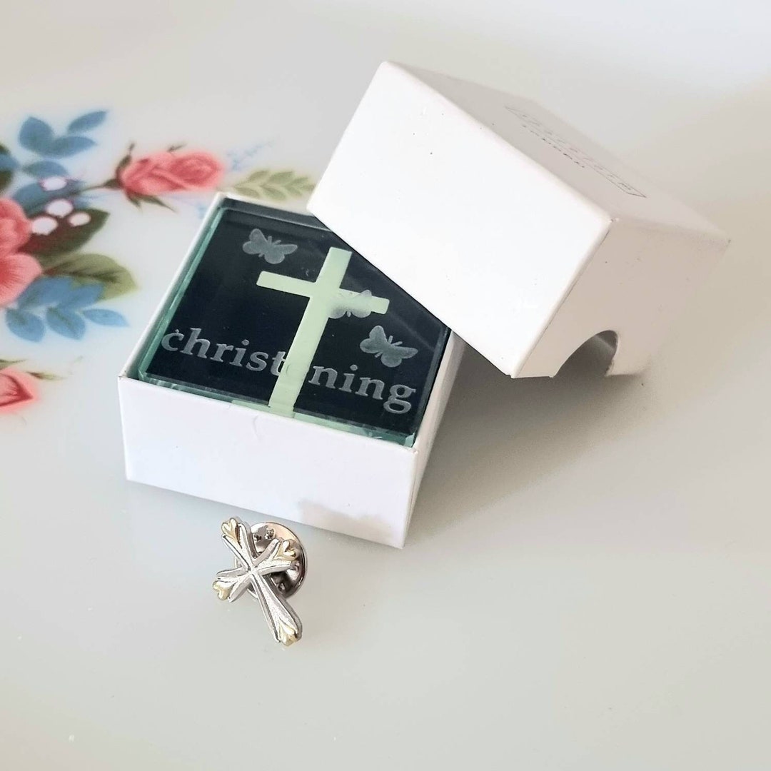 Vintage Clear Glass Christening Paperweight Boxed, Glass Christening