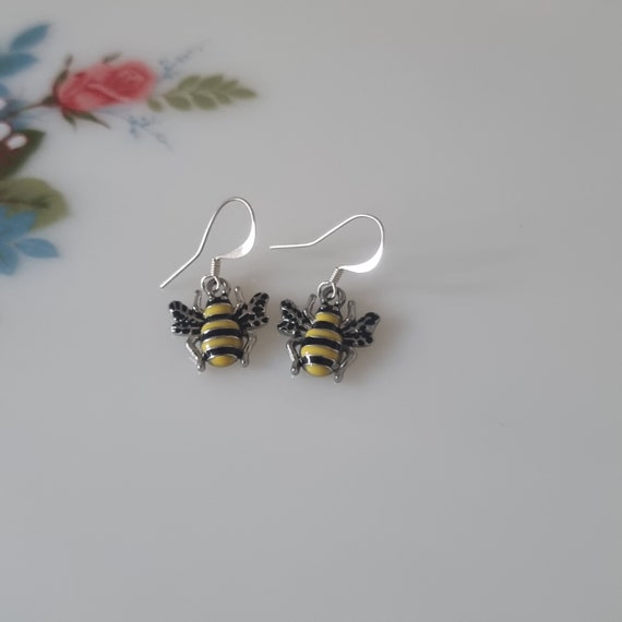 Enamel Bumble Bee Drop Earrings, Bee Dangle Earri… - image 9