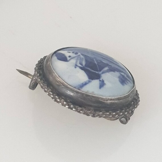 Antique Blue Delft Silver Brooch, Hand Painted Bl… - image 2