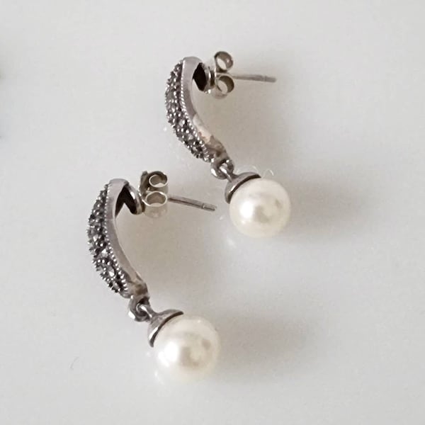 Vintage Sterling Silver Marcasite  and Pearl Arc Drop  Earrings CW, Silver Semi Circle  Earrings