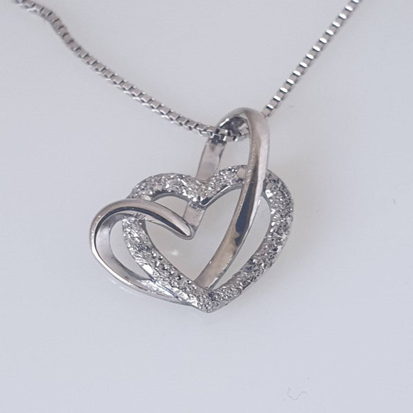 vintage Sterling Silver Entwined Heart Necklace Italie, Sterling Silver Heart Necklace, 70's Open Heart Silver Necklace