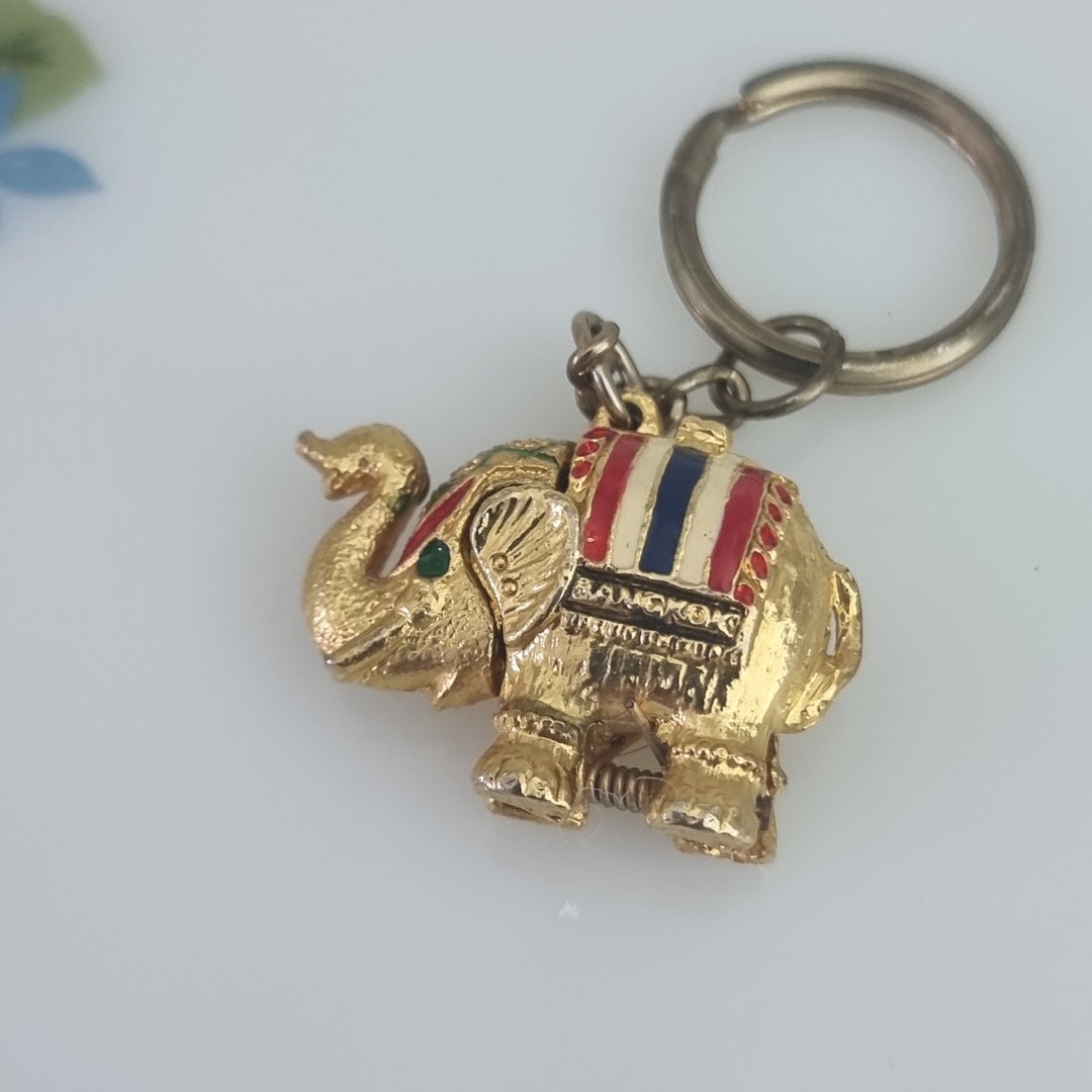 Vintage Elephant Keychain, Bangkok Elephant Keyring, Thailand Elephant