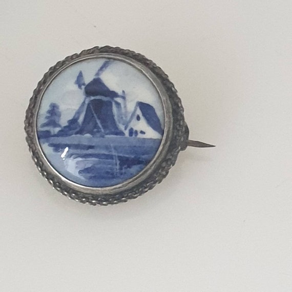 Antique Blue Delft Silver Brooch, Hand Painted Bl… - image 5