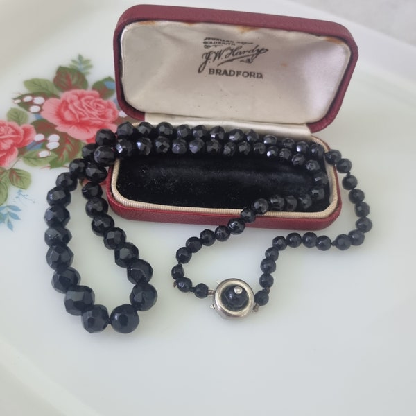 Vintage Black Onyx Faceted Beaded Necklace, Kubu. Black Onyx and 835 Silver Necklace,  French Jet Beaded Necklace