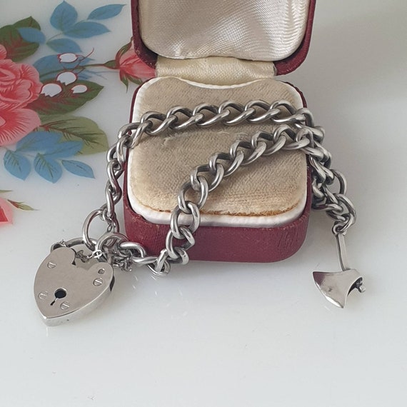 Vintage Sterling Silver Heart Padlock Bracelet, Si