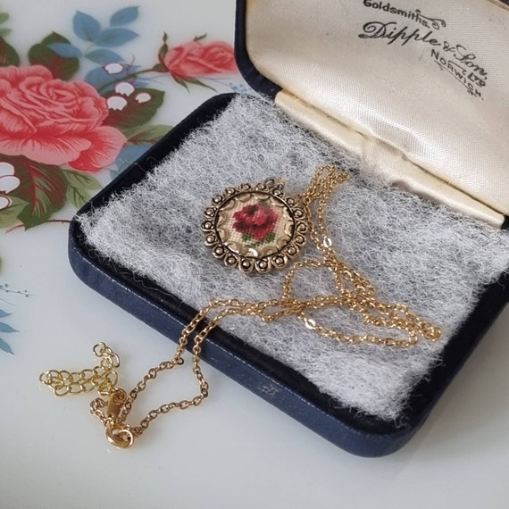 Vintage Cross Stitch Rose Pendant Necklace, Retro… - image 1