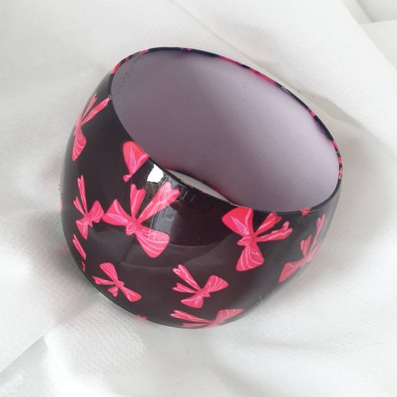 Vintage Black Enamel Pink Bow bangle, Wide Black … - image 3