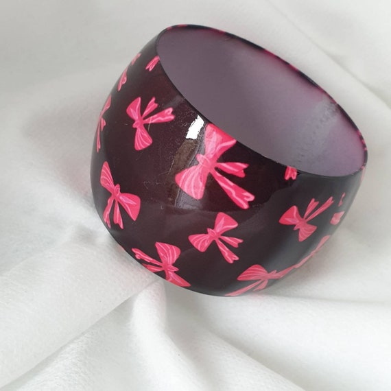Vintage Black Enamel Pink Bow bangle, Wide Black … - image 8