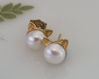 Vintage Sterling Silver Pearl Cat Earring, Cat Earrings, Sterling Silver Gold gilt Cat Earrings