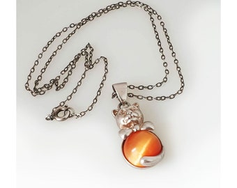 Vintage Orange Tigers Eye Silver Cat Necklace