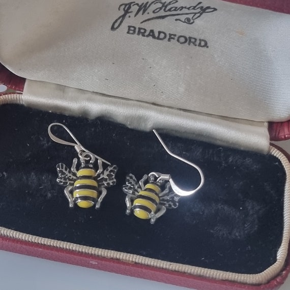 Enamel Bumble Bee Drop Earrings, Bee Dangle Earri… - image 1