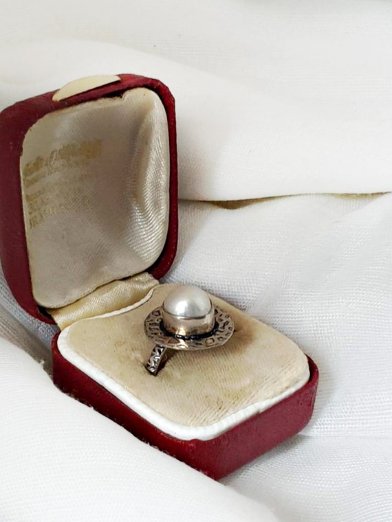 vintage silver pearl ring, mod Sterling Silver and