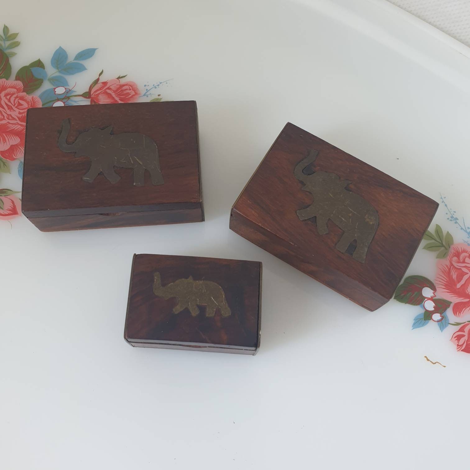 Elephant Stacking Boxes Miniature Wooden Brass Elephant Etsy