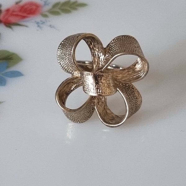 Bague noeud vintage, bague fleur noeud kitsch doré