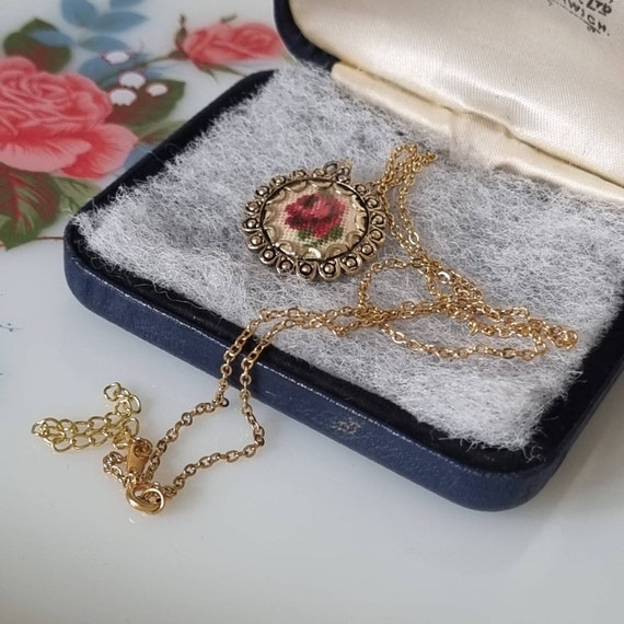 Vintage Cross Stitch Rose Pendant Necklace, Retro… - image 6
