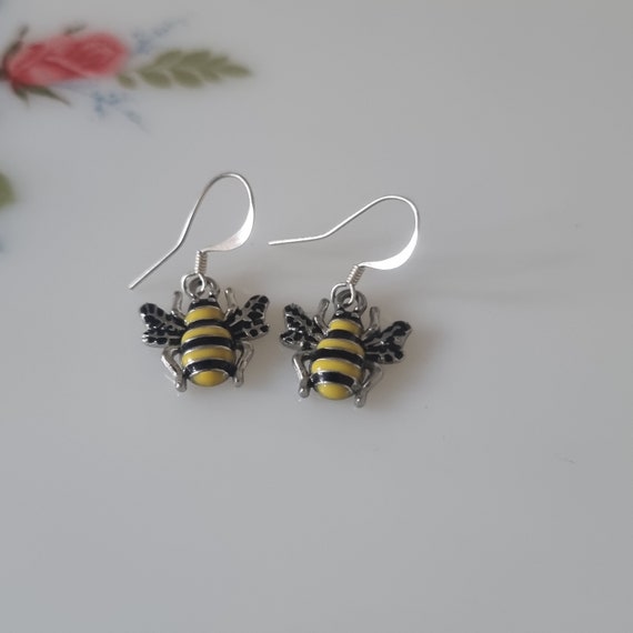 Enamel Bumble Bee Drop Earrings, Bee Dangle Earri… - image 6