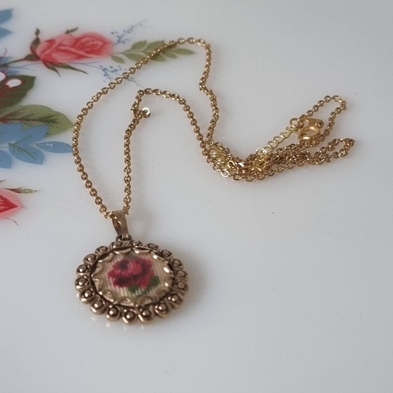 Vintage Cross Stitch Rose Pendant Necklace, Retro… - image 4