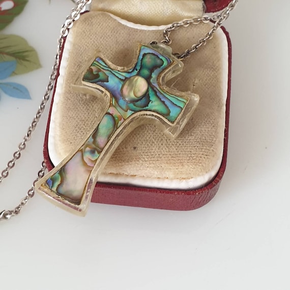 Lucite Cross Necklace, Vintage RARE Lucite Abalone