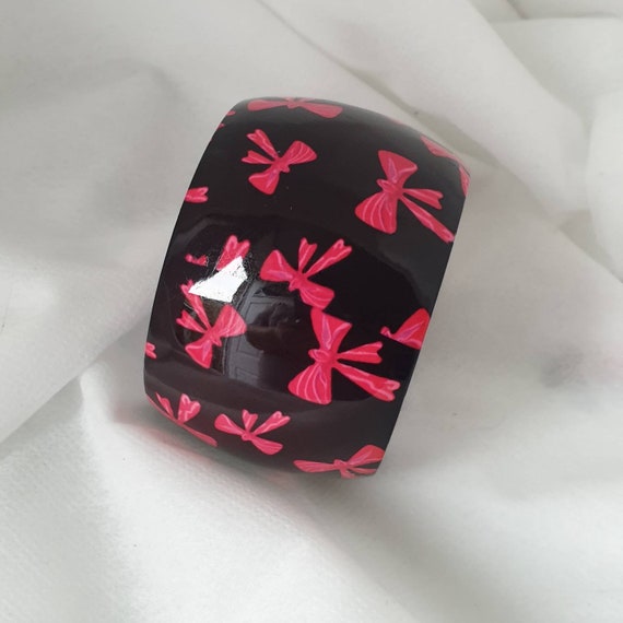 Vintage Black Enamel Pink Bow bangle, Wide Black … - image 2