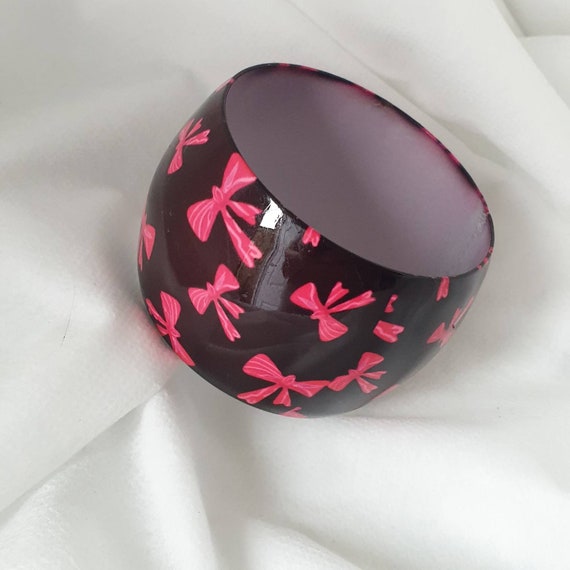 Vintage Black Enamel Pink Bow bangle, Wide Black … - image 6