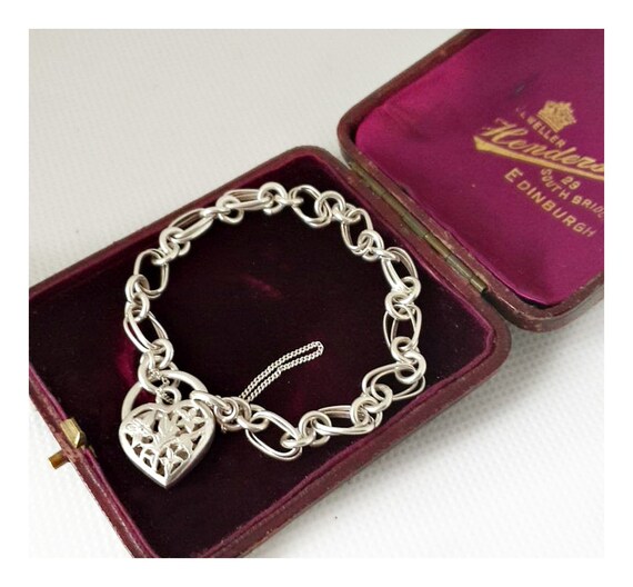 Vintage Sterling heart padlock bracelet , Hallmark
