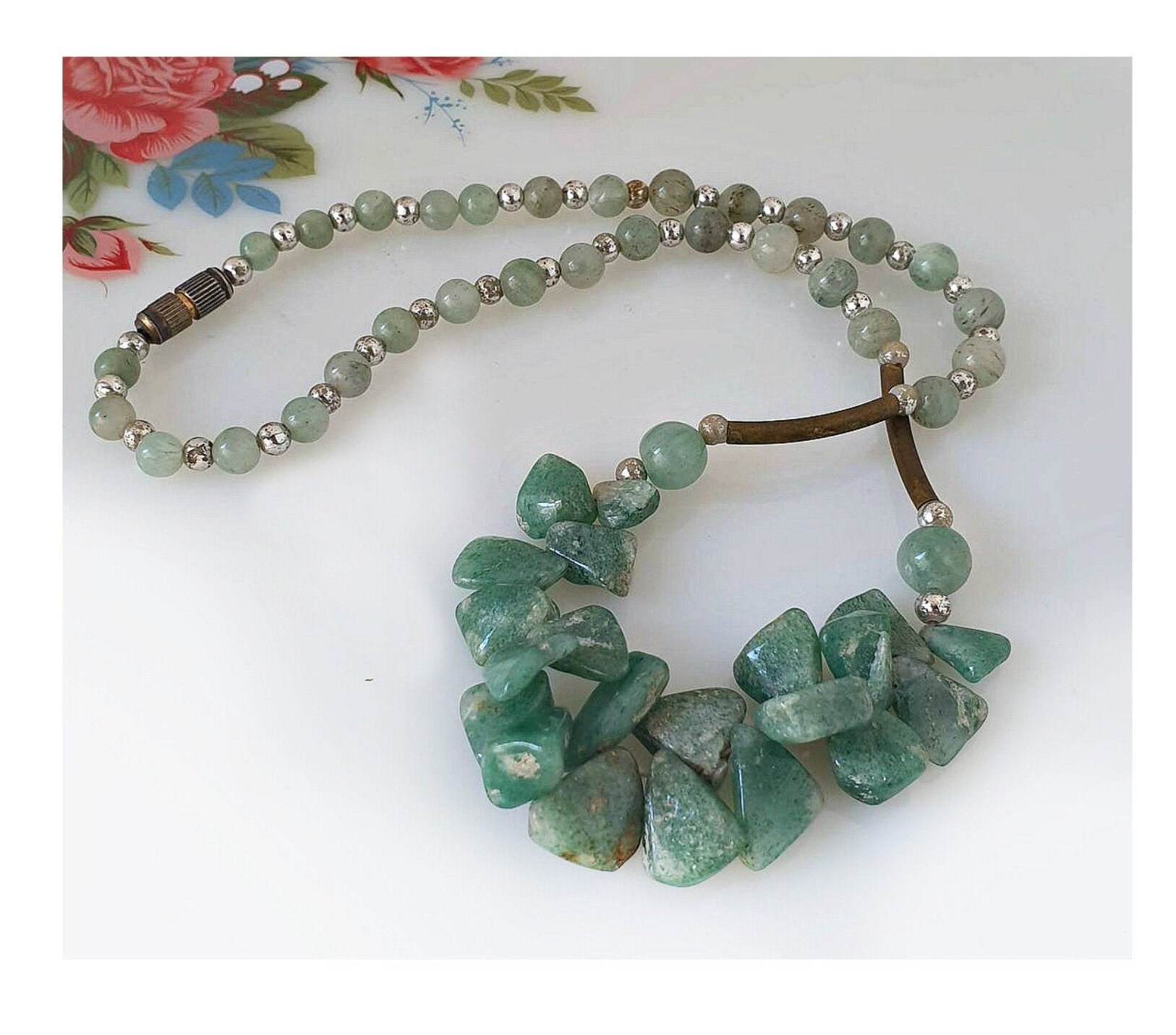 Art Deco Aventurine Jade Bead Necklace Green Gem Collar Necklace