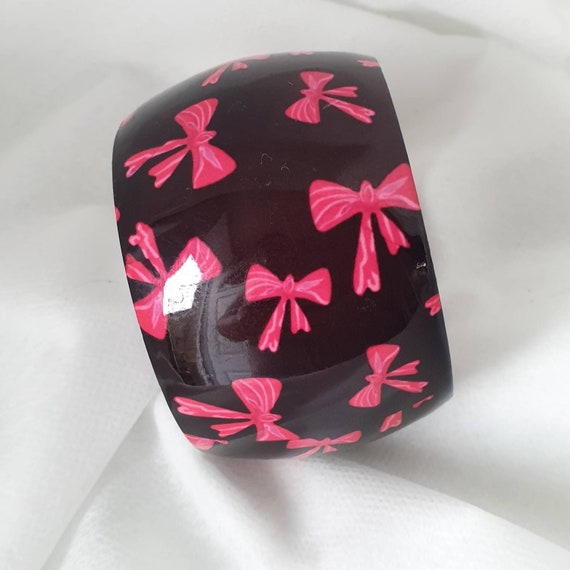 Vintage Black Enamel Pink Bow bangle, Wide Black … - image 1