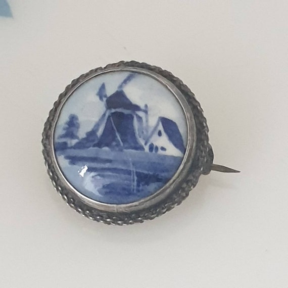 Antique Blue Delft Silver Brooch, Hand Painted Bl… - image 1