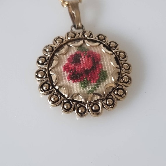 Vintage Cross Stitch Rose Pendant Necklace, Retro… - image 3